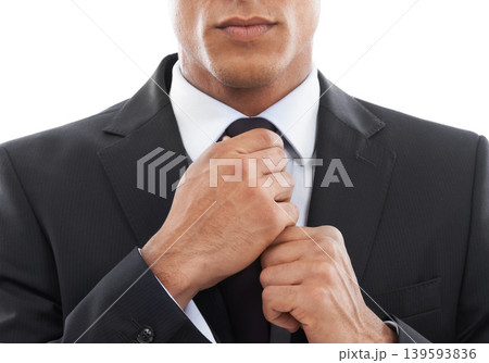 Business man, hands and fixing tie in studio, corporate fashion and preparation for job interview. Male professional, closeup and formal clothing or lawyer by white background, suit and confidence Business man, hands and fixing tie in studio, corporate fashion and preparation for job interview. Male professional, closeup and formal clothing or lawyer by white background, suit and confidence 139593836