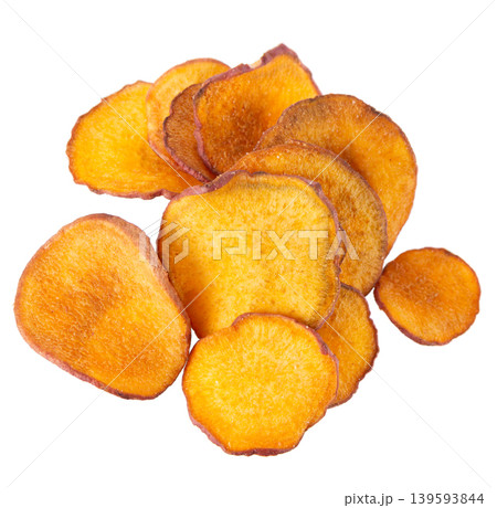 Crispy roasted sweet potato chips with sea salt, isolated on white background. Healthy and crunchy natural vegetable snack. Clipping path. 139593844