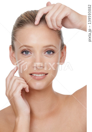 Woman, portrait and beauty with cosmetics in studio for glowing face, wellness and dermatology on mock up. Model, person or confidence with skincare, collagen or botox treatment on white background Woman, portrait and beauty with cosmetics in studio for glowing face, wellness and dermatology on mock up. Model, person or confidence with skincare, collagen or botox treatment on white background 139593882