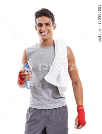 Man, martial arts and bottle in studio portrait for fitness, health and contact sport by white background. Person, athlete and smile on face with water, pride and exercise for mma, fight and conflict 139593883