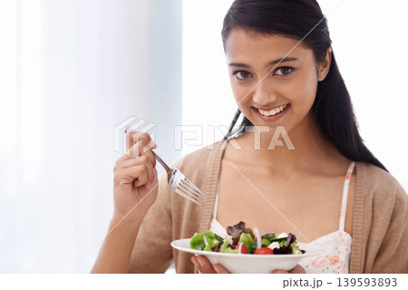 Happy woman, portrait and salad bowl for diet, nutrition or health with natural snack at home. Face of female person smile for mixed vegetables, vitamins or eating meal in weight loss or breakfast Happy woman, portrait and salad bowl for diet, nutrition or health with natural snack at home. Face of female person smile for mixed vegetables, vitamins or eating meal in weight loss or breakfast 139593893