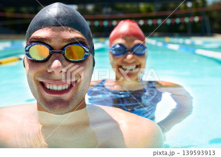 Friends, portrait or people in swimming pool for sports training, workout or teamwork for fitness. Happy, swimmers or athletes in exercise together for development, health or wellness with smile Friends, portrait or people in swimming pool for sports training, workout or teamwork for fitness. Happy, swimmers or athletes in exercise together for development, health or wellness with smile 139593913
