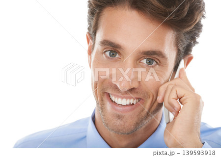 Happy businessman, portrait and phone call for communication or conversation on a white studio background. Closeup of man or employee face smile on mobile smartphone for business discussion on mockup 139593918