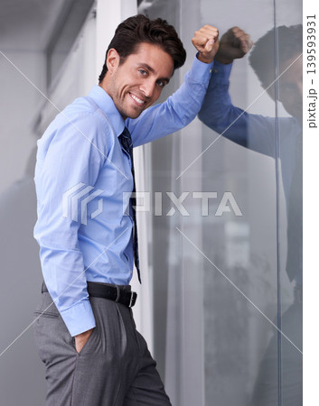 Window, confidence and portrait of businessman in workplace with smile, pride and ambition. Corporate entrepreneur, professional manager and happy worker for career, job and working in modern office Window, confidence and portrait of businessman in workplace with smile, pride and ambition. Corporate entrepreneur, professional manager and happy worker for career, job and working in modern office 139593931
