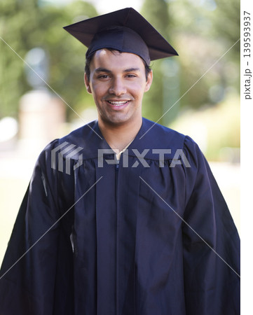 Happy man, portrait and outdoor graduation for qualification, learning or career ambition in education. Male person, student or graduate smile for higher certificate, diploma or degree in nature Happy man, portrait and outdoor graduation for qualification, learning or career ambition in education. Male person, student or graduate smile for higher certificate, diploma or degree in nature 139593937