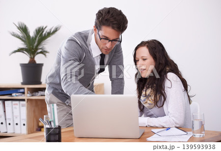 Business people, planning and teamwork on computer for copywriting advice, feedback and online collaboration. Happy professional woman, man or writer and editor on laptop, editing newsletter or email Business people, planning and teamwork on computer for copywriting advice, feedback and online collaboration. Happy professional woman, man or writer and editor on laptop, editing newsletter or email 139593938