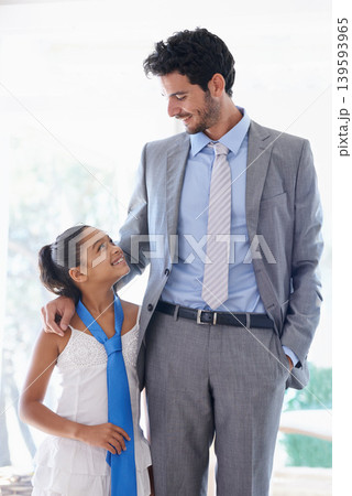 Happy, tie and father bonding with child in living room of family home together for love. Smile, care and businessman or dad talking to girl kid with youth for conversation or communication at house. Happy, tie and father bonding with child in living room of family home together for love. Smile, care and businessman or dad talking to girl kid with youth for conversation or communication at house. 139593965