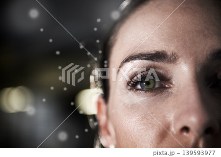 Eyes, mockup face and portrait of woman for vision, sight and ophthalmology support for closeup anatomy. Contact lens, ocular optometry and person for biometric facial recognition with bokeh 139593977