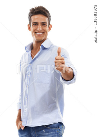 Happy man, thumbs up and success in studio for achievement, support and like emoji or yes hands. Portrait of creative person or model with good feedback and vote or okay emoji on a white background Happy man, thumbs up and success in studio for achievement, support and like emoji or yes hands. Portrait of creative person or model with good feedback and vote or okay emoji on a white background 139593978