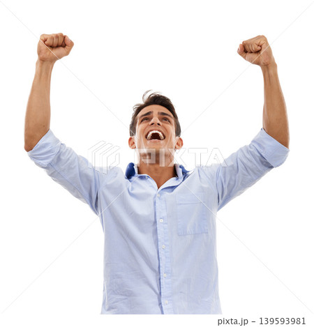 Professional man, winning and yes for success, celebration or achievement with startup, bonus or news in studio. Excited worker or business person with fist, power and goals on a white background Professional man, winning and yes for success, celebration or achievement with startup, bonus or news in studio. Excited worker or business person with fist, power and goals on a white background 139593981
