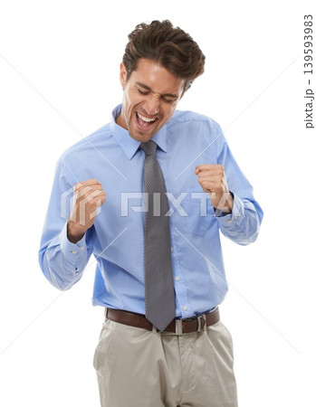 Excited businessman, fist pump and celebration for winning or success against a white studio background. Happy man or employee smile in joy for achievement, bonus or business promotion on mockup 139593983