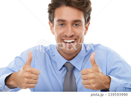 Thumbs up, portrait and excited business man in studio for winning deal, support icon or like agreement on white background. Winner, emoji sign or feedback of review, vote yes and thank you for trust Thumbs up, portrait and excited business man in studio for winning deal, support icon or like agreement on white background. Winner, emoji sign or feedback of review, vote yes and thank you for trust 139593990