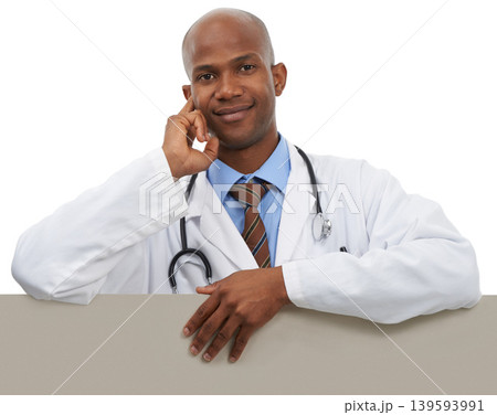 Studio, black man and portrait of doctor with placard announcement for clinic choice, hospital service or health information. Studio space, mockup banner or medic with sign poster on white background Studio, black man and portrait of doctor with placard announcement for clinic choice, hospital service or health information. Studio space, mockup banner or medic with sign poster on white background 139593991