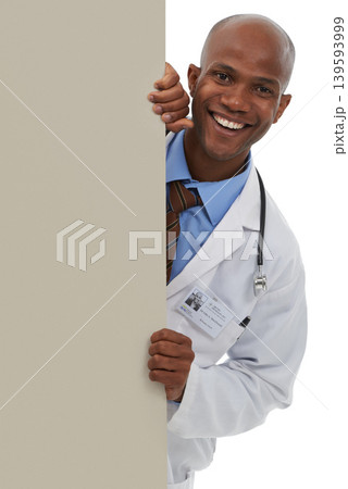 Billboard, black man and portrait of doctor smile for commercial, hospital promo or medicine coming soon. Mockup studio space, happiness and African surgeon with medical discount on white background 139593999
