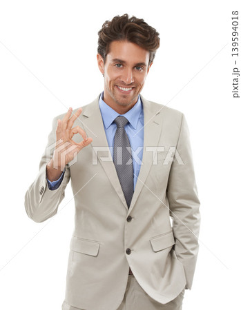 Business man, portrait and ok hands in studio for vote, review and like feedback on white background. Happy worker show okay for success, agreement and thank you for support, yes emoji and excellence 139594018
