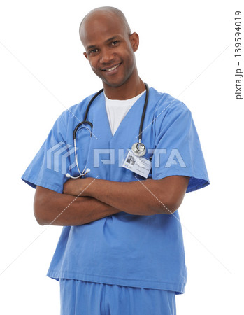 Man, portrait and surgeon in studio with arms crossed for healthcare services, medicine and consulting on white background. Happy african doctor, professional medical employee and working with pride Man, portrait and surgeon in studio with arms crossed for healthcare services, medicine and consulting on white background. Happy african doctor, professional medical employee and working with pride 139594019