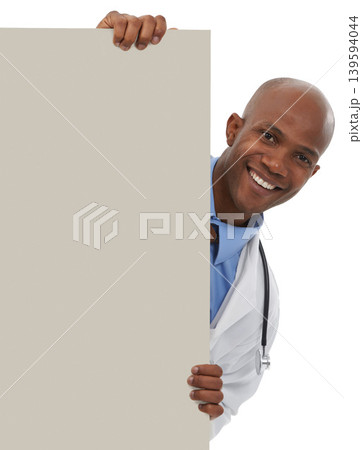 Doctor, poster and portrait of happy black man with commercial info, hospital notification or clinic services. Mockup space, billboard and African nurse with studio presentation on white background 139594044