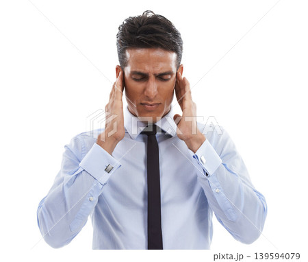 Business man, headache and pain in studio for burnout, disaster or brain fog on white background. Tired, stress and frustrated worker with anxiety, fatigue and challenge of vertigo, crisis or mistake Business man, headache and pain in studio for burnout, disaster or brain fog on white background. Tired, stress and frustrated worker with anxiety, fatigue and challenge of vertigo, crisis or mistake 139594079