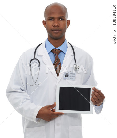 Doctor, portrait and space on tablet screen in studio for advertising medical information, newsletter or telehealth feedback on white background. Black man, healthcare worker and digital presentation Doctor, portrait and space on tablet screen in studio for advertising medical information, newsletter or telehealth feedback on white background. Black man, healthcare worker and digital presentation 139594110