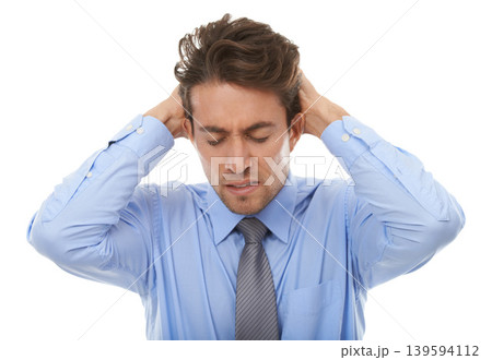 Business man, frustrated and stress in studio for burnout, anxiety and doubt mistake, vertigo and disaster on white background. Angry worker in crisis, challenge and risk of bankruptcy, debt and fail Business man, frustrated and stress in studio for burnout, anxiety and doubt mistake, vertigo and disaster on white background. Angry worker in crisis, challenge and risk of bankruptcy, debt and fail 139594112