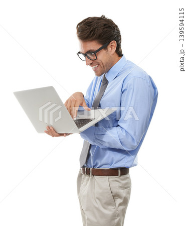 Excited businessman, laptop and trading for finance, surprise or alert on a white studio background. Man, employee or nerd with computer for communication, networking or accounting on mockup space 139594115