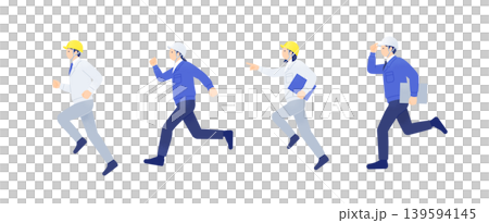 A set of full-body illustrations of four men and women in helmets and work clothes, ready to run towards the future, which can be cut out and used. A set of full-body illustrations of four men and women in helmets and work clothes, ready to run towards the future, which can be cut out and used. 139594145