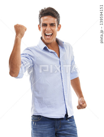 Business man, portrait and fist in studio for success, power or achievement with startup career celebration. Excited person or winner with yes, wow and winning, goals or news on a white background 139594151