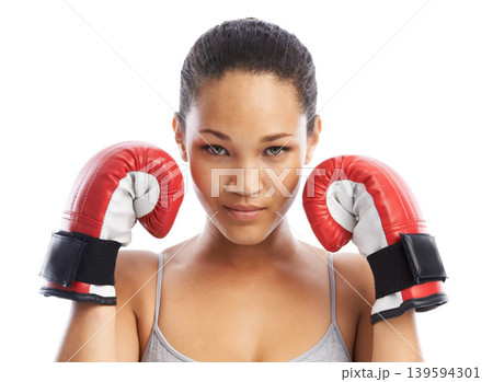 Woman, portrait and boxer ready for fight or competition against a white studio background. Female person or professional with boxing gloves for self defense, power or MMA challenge in sports fitness Woman, portrait and boxer ready for fight or competition against a white studio background. Female person or professional with boxing gloves for self defense, power or MMA challenge in sports fitness 139594301