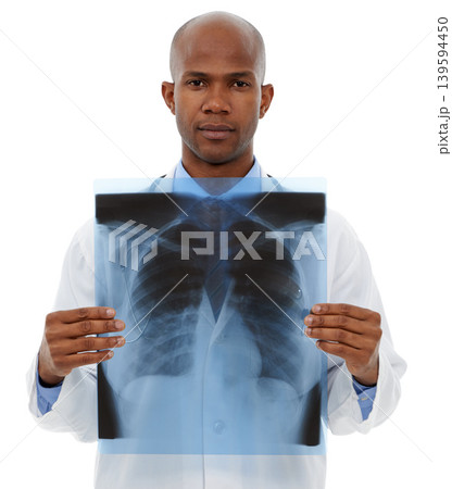 Portrait, man and doctor with x ray, healthcare and employee isolated on white studio background. Face, support and African person with scans, test results or disease with radiologist or mockup space Portrait, man and doctor with x ray, healthcare and employee isolated on white studio background. Face, support and African person with scans, test results or disease with radiologist or mockup space 139594450