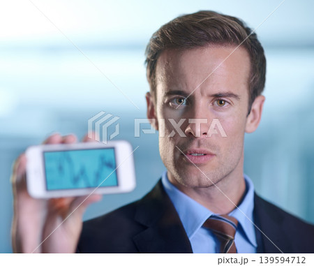 Business man, phone screen and statistics, data analytics or lines for financial report, revenue or stock market. Portrait of corporate accountant or trader with mobile app, trading or online sales Business man, phone screen and statistics, data analytics or lines for financial report, revenue or stock market. Portrait of corporate accountant or trader with mobile app, trading or online sales 139594712
