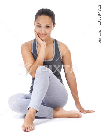Woman, portrait and relax in yoga for exercise, spiritual wellness or workout against a white studio background. Calm young female person, model or yogi smile for zen, health or pilates on mockup Woman, portrait and relax in yoga for exercise, spiritual wellness or workout against a white studio background. Calm young female person, model or yogi smile for zen, health or pilates on mockup 139594812