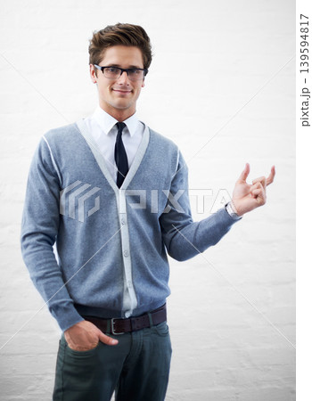 Man, hand and businessman in fashion, smile and sign for work, professional and employee. Size, marketing geek and pointing as manager and business attire of entrepreneur in corporate wear outfit Man, hand and businessman in fashion, smile and sign for work, professional and employee. Size, marketing geek and pointing as manager and business attire of entrepreneur in corporate wear outfit 139594817
