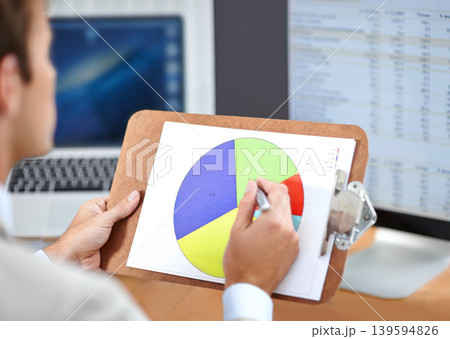 Business man, pie chart and statistics for finance, data analysis and accounting management, planning revenue or budget. Corporate accountant or auditor on clipboard, computer screen and inspection Business man, pie chart and statistics for finance, data analysis and accounting management, planning revenue or budget. Corporate accountant or auditor on clipboard, computer screen and inspection 139594826