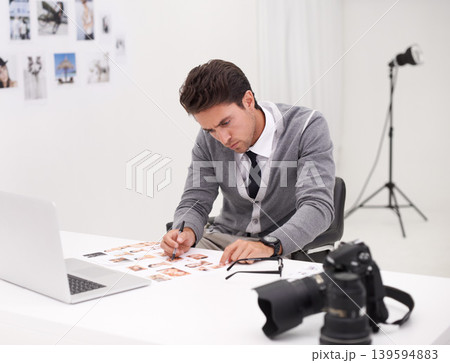 Photographer, thinking and man editing in office with computer to process, production and catelog images. Professional, editor and creative person with laptop and photoshoot results of cinematography Photographer, thinking and man editing in office with computer to process, production and catelog images. Professional, editor and creative person with laptop and photoshoot results of cinematography 139594883