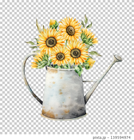 Watercolor bouquet of bright yellow sunflowers in metallic watering can. Botanical hand drawn flowers in pitcher, illustration isolated on background. Ideal for seasonal, halloween, forest, or nature Watercolor bouquet of bright yellow sunflowers in metallic watering can. Botanical hand drawn flowers in pitcher, illustration isolated on background. Ideal for seasonal, halloween, forest, or nature 139594974