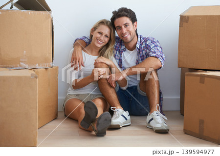 Smile, love and portrait of couple with boxes in new home living room for unpacking and moving together. Happy, relax and young man and woman from Australia with cardboard packages in apartment. Smile, love and portrait of couple with boxes in new home living room for unpacking and moving together. Happy, relax and young man and woman from Australia with cardboard packages in apartment. 139594977