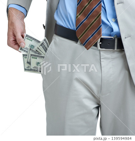 Business hands, money and pocket for payment, trade or bribe with investment deal in studio. Corporate person with financial crime, scam or corruption and cash offer for secret on a white background Business hands, money and pocket for payment, trade or bribe with investment deal in studio. Corporate person with financial crime, scam or corruption and cash offer for secret on a white background 139594984