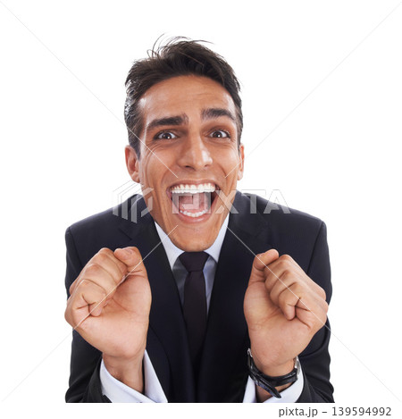 Business man, winner and victory in portrait, studio and excited for corporate success by white background. Happy male professional, wow and promotion or deal, energy and celebration for opportunity Business man, winner and victory in portrait, studio and excited for corporate success by white background. Happy male professional, wow and promotion or deal, energy and celebration for opportunity 139594992