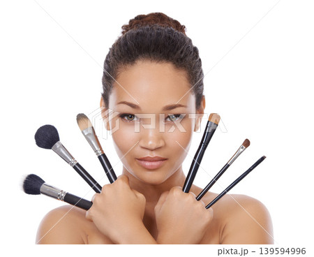 Woman, portrait and makeup brushes for cosmetics in studio, choice and decision for beauty. Female model person, tools and equipment for application, skincare and facial treatment by white background 139594996