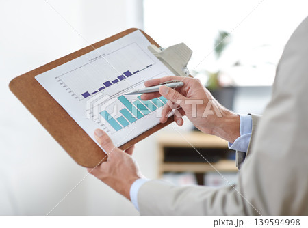 Business hands, graphs and charts documents for data analysis, financial report and increase in revenue or profit. Professional person or auditor for account inspection with statistics on a clipboard 139594998