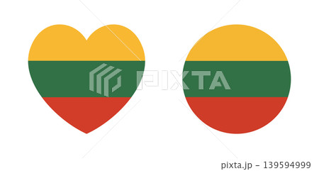 Lithuanian Flag icon, sticker in heart, circle shape. Set of round, heart badge, button, banner, background flag of Lithuania. 139594999