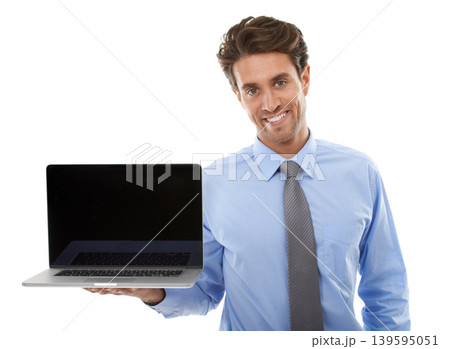 Portrait, business man and mockup on laptop screen in studio for deal, offer and newsletter coming soon on white background. Happy worker, computer and UI space for sign up, review and advertising UX 139595051
