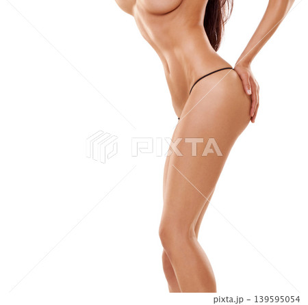 Cropped woman, nude and underwear in studio mockup with fitness and confidence with sexy panties. Model, healthy body and sensual in lingerie with strong legs and hand on butt by white background Cropped woman, nude and underwear in studio mockup with fitness and confidence with sexy panties. Model, healthy body and sensual in lingerie with strong legs and hand on butt by white background 139595054