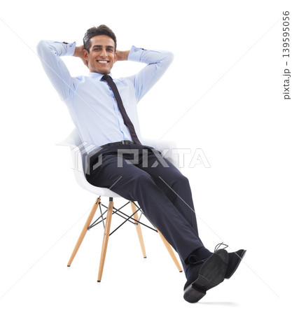 Business man, chair and relaxing in portrait, studio and smiling for career pride by white background. Male professional, face and happy for job opportunity, entrepreneur and confident for startup Business man, chair and relaxing in portrait, studio and smiling for career pride by white background. Male professional, face and happy for job opportunity, entrepreneur and confident for startup 139595056