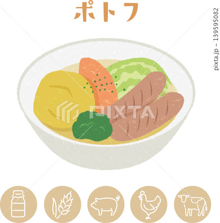 学校給食のポトフとアレルゲン表示アイコンのイラスト 学校給食のポトフとアレルゲン表示アイコンのイラスト 139595082