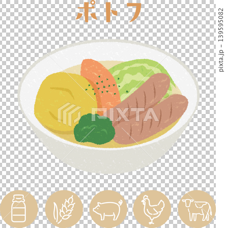 学校給食のポトフとアレルゲン表示アイコンのイラスト 学校給食のポトフとアレルゲン表示アイコンのイラスト 139595082