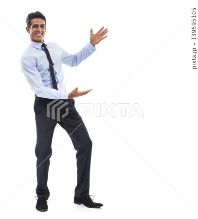 Portrait, businessman and presentation in studio of space, mockup announcement and choice for deal on white background. Happy worker advertising launch, offer feedback and review information about us Portrait, businessman and presentation in studio of space, mockup announcement and choice for deal on white background. Happy worker advertising launch, offer feedback and review information about us 139595105