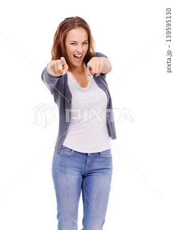 Woman in studio, pointing at you and excited in portrait with choice, vote or offer on white background. Feedback, winner and decision with young model and hand gesture, accountability and promotion Woman in studio, pointing at you and excited in portrait with choice, vote or offer on white background. Feedback, winner and decision with young model and hand gesture, accountability and promotion 139595130
