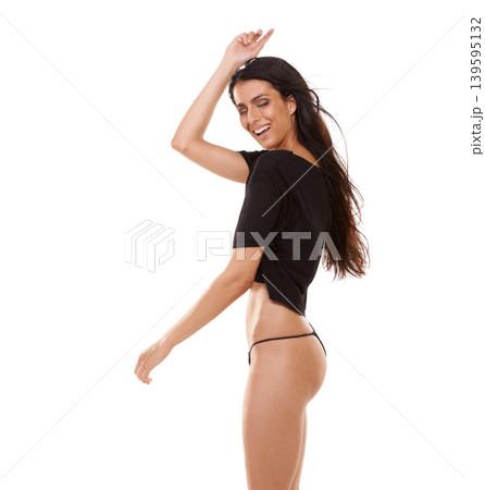 Young woman, dancing and lingerie in studio mockup with fashion and laughing with panties. Arab model, happiness or celebrate in underwear with confidence, glow body or expression by white background Young woman, dancing and lingerie in studio mockup with fashion and laughing with panties. Arab model, happiness or celebrate in underwear with confidence, glow body or expression by white background 139595132