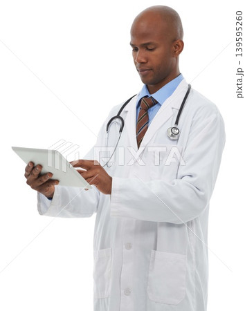 Doctor, black man and tablet in studio for healthcare, clinical software and research on white background. Surgeon, medical worker and scroll on digital technology for information, app and telehealth Doctor, black man and tablet in studio for healthcare, clinical software and research on white background. Surgeon, medical worker and scroll on digital technology for information, app and telehealth 139595260